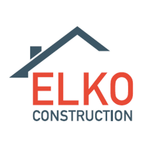 Logo of Elko Construction featuring a stylized house roof design above the company name in bold red and gray text.